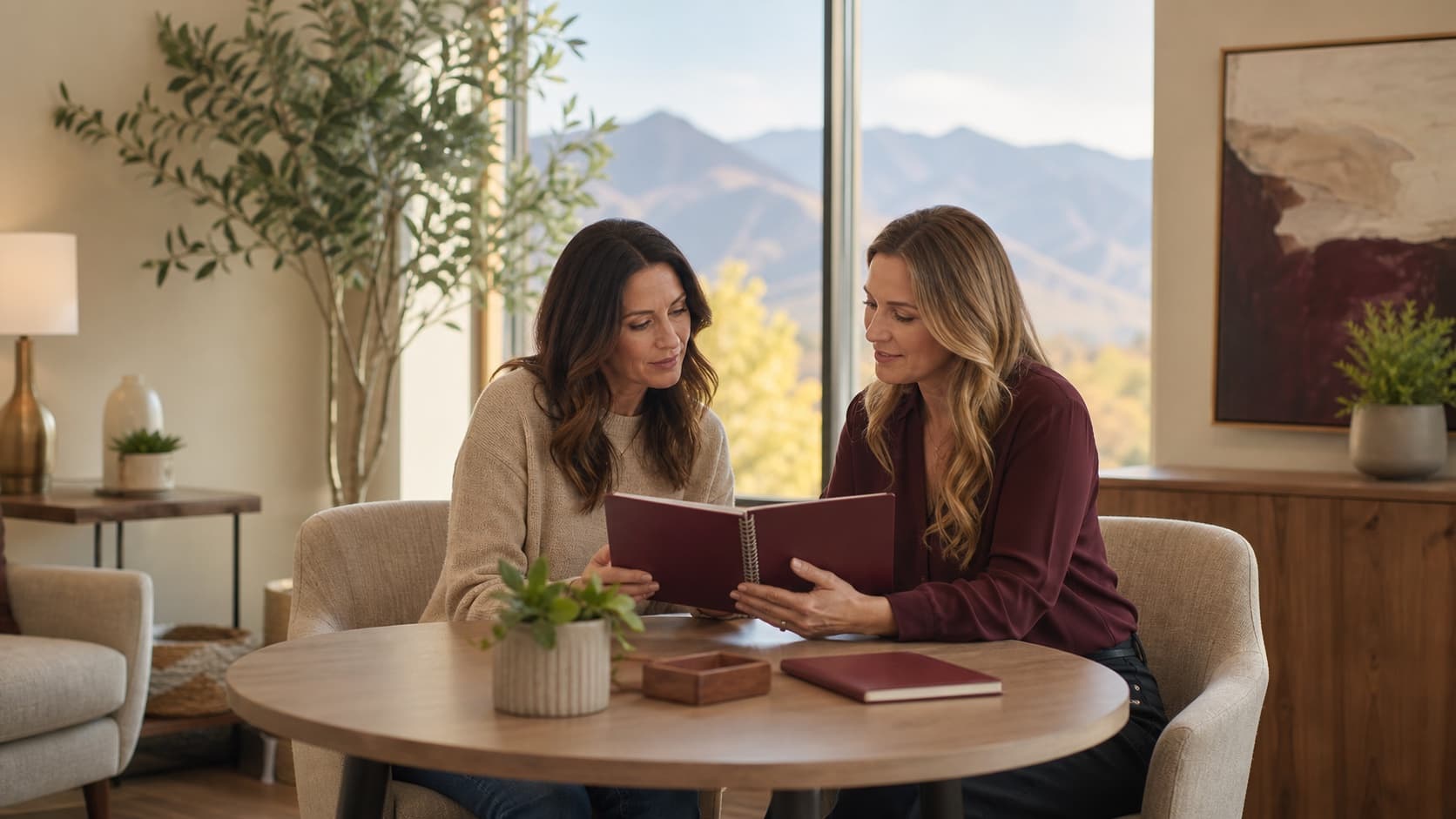 A parent and clinician reviewing a care plan together in a calm office